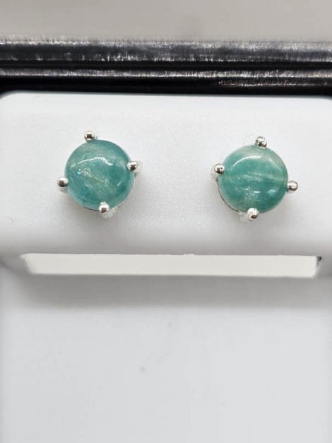 Sterling Silver Amazonite Round Cabochon Cut Claw Studs Earrings