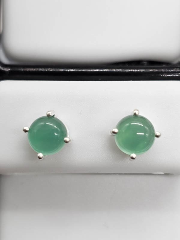 Sterling Silver Green Onyx / Agate Round Claw Set Studs Earrings