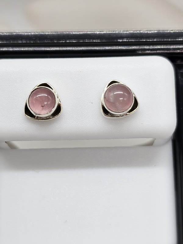 Sterling Silver Rose Quartz Round Bezel Set in Triangular Studs Earrings