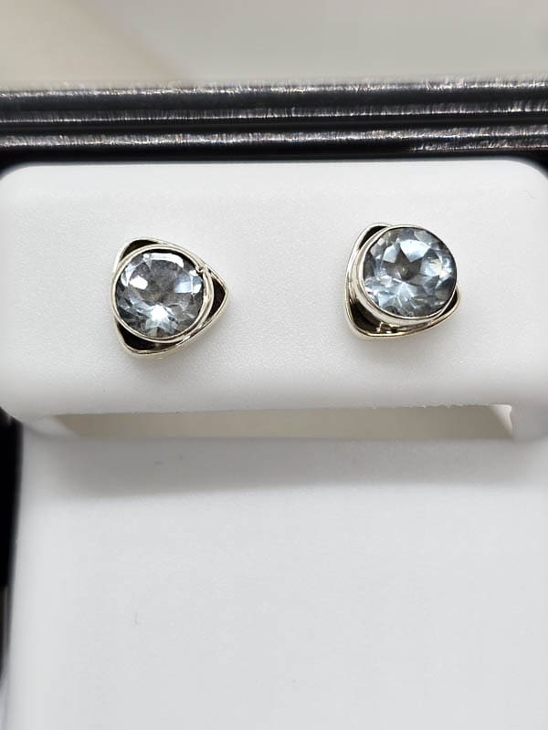 Sterling Silver Topaz Round Bezel Set in Triangular Studs Earrings