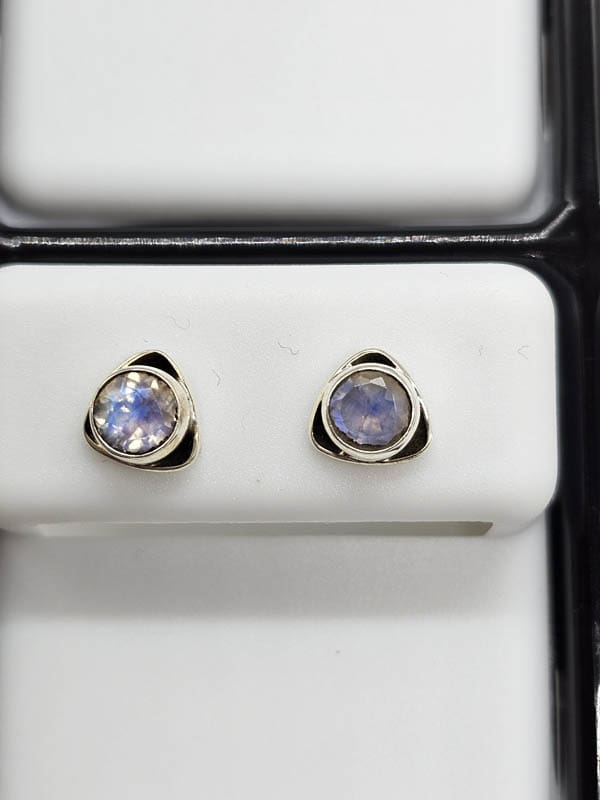 Sterling Silver Moonstone Round Bezel Set in Triangular Studs Earrings