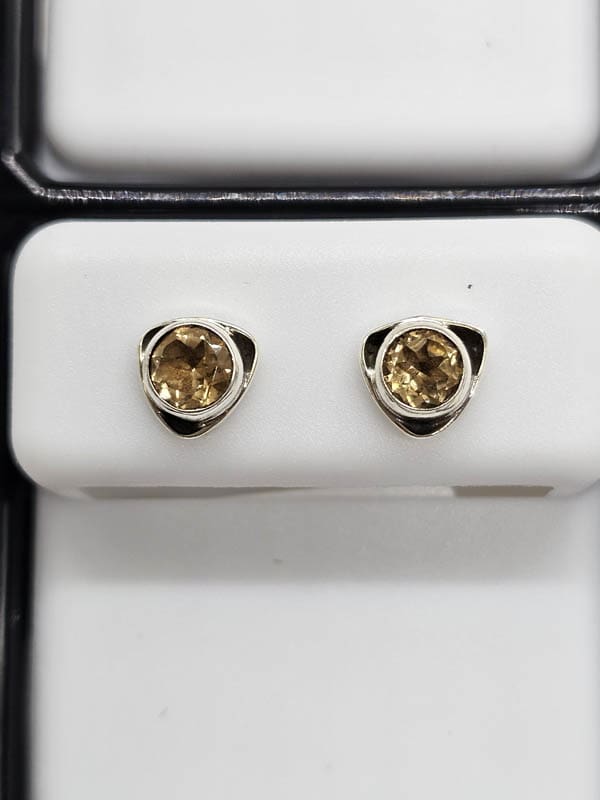Sterling Silver Citrine Round Bezel Set in Triangular Studs Earrings