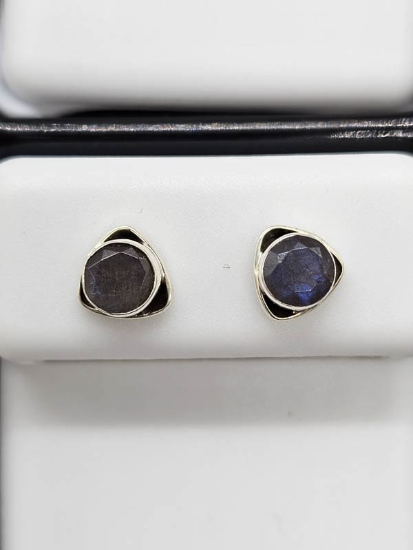 Sterling Silver Iolite Round Bezel Set in Triangular Studs Earrings