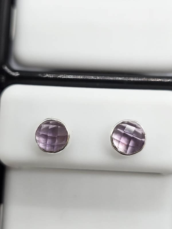 Sterling Silver Amethyst Round Bezel Set Studs Earrings