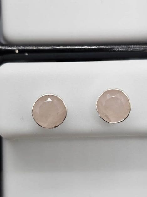 Sterling Silver Rose Quartz Round Bezel Set Studs Earrings