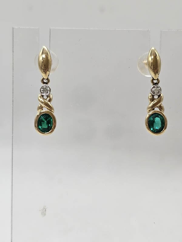 9ct Yellow Gold Created Emerald Oval with Diamond Drop Earrings