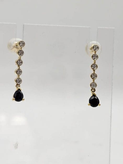 9ct Yellow Gold Natural Sapphire Teardrop on Diamond Line Drop Earrings