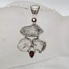 Sterling Silver Herkimer Diamond with Garnet Large Freeform Cluster Pendant on Silver Chain