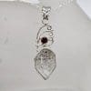 Sterling Silver Herkimer Diamond with Garnet Freeform Ornate Pendant on Silver Chain