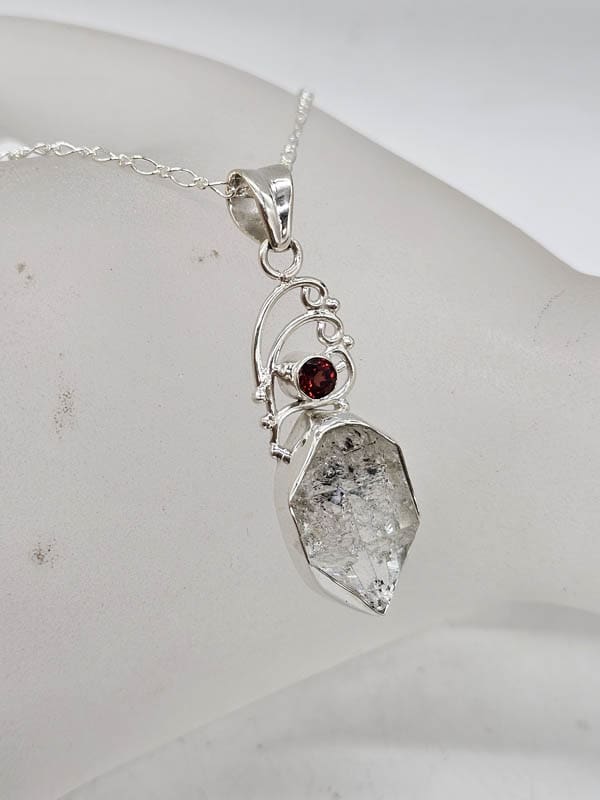 Sterling Silver Herkimer Diamond with Garnet Freeform Ornate Pendant on Silver Chain