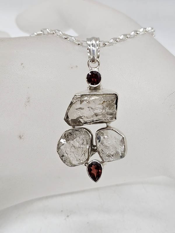 Sterling Silver Herkimer Diamond with Garnet Large Freeform Cluster Pendant on Silver Chain