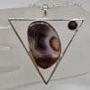 Sterling Silver Botswana Agate with Round Garnet in Large Triangular Pendant on Silver Chain