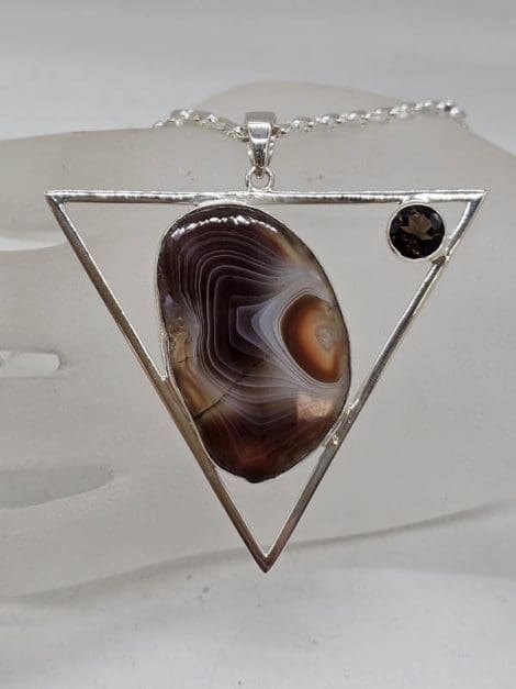 Sterling Silver Botswana Agate with Round Garnet in Large Triangular Pendant on Silver Chain
