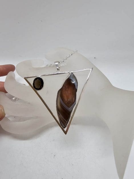 Sterling Silver Botswana Agate with Round Garnet in Large Triangular Pendant on Silver Chain
