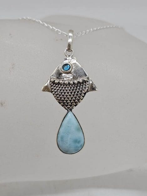 Sterling Silver Natural Larimar Teardrop / Pear Shape with Topaz Fish Pendant on Silver Chain