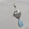 Sterling Silver Natural Larimar Teardrop / Pear Shape with Topaz Fish Pendant on Silver Chain