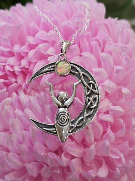 Sterling Silver Ethiopian Opal Celtic Design Crescent Moon with Goddess / Woman / Female / Lady Pendant on Silver Chain