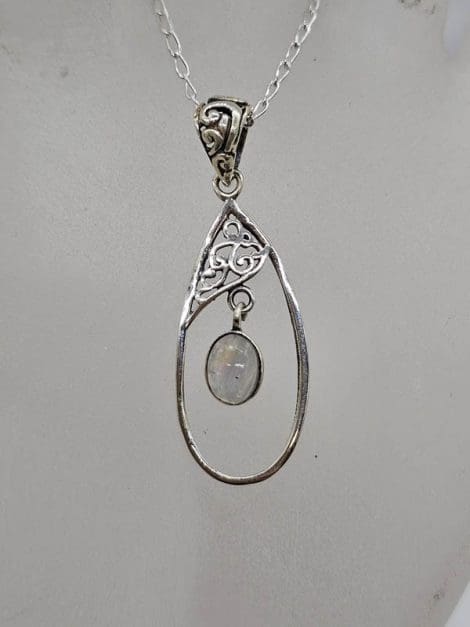 Sterling Silver Moonstone Cabochon Cute Oval in Ornate Filigree Teardrop Pendant on Silver Chain