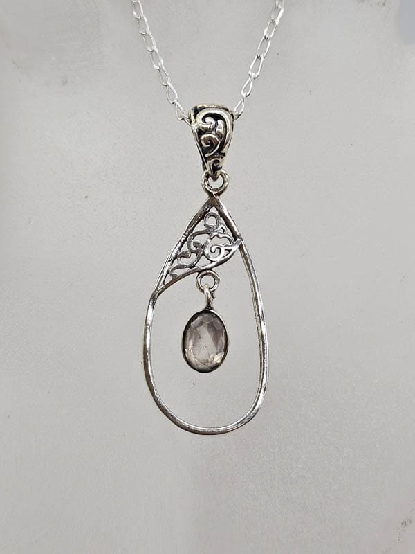 Sterling Silver Moonstone Faceted Oval in Ornate Filigree Teardrop Pendant on Silver Chain