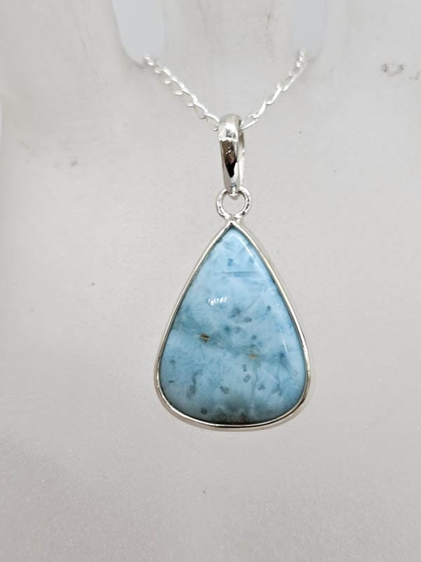 Sterling Silver Natural Larimar Teardrop / Pear Shape Pendant on Silver Chain