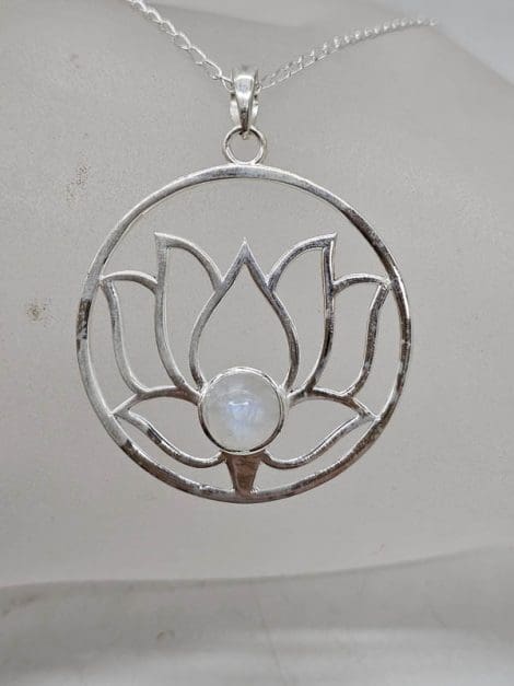 Sterling Silver Moonstone Large Round Open Design Lotus Pendant on Silver Chain