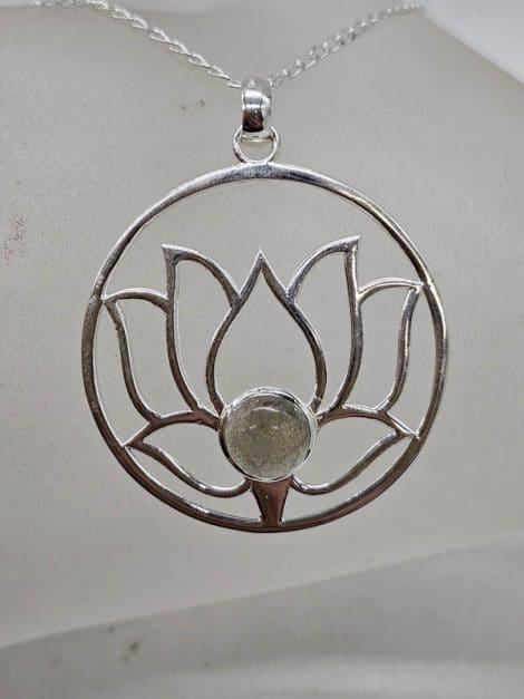 Sterling Silver Labradorite Large Round Open Design Lotus Pendant on Silver Chain