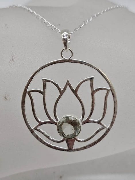 Sterling Silver Green Amethyst / Prasiolite Large Round Open Design Lotus Pendant on Silver Chain