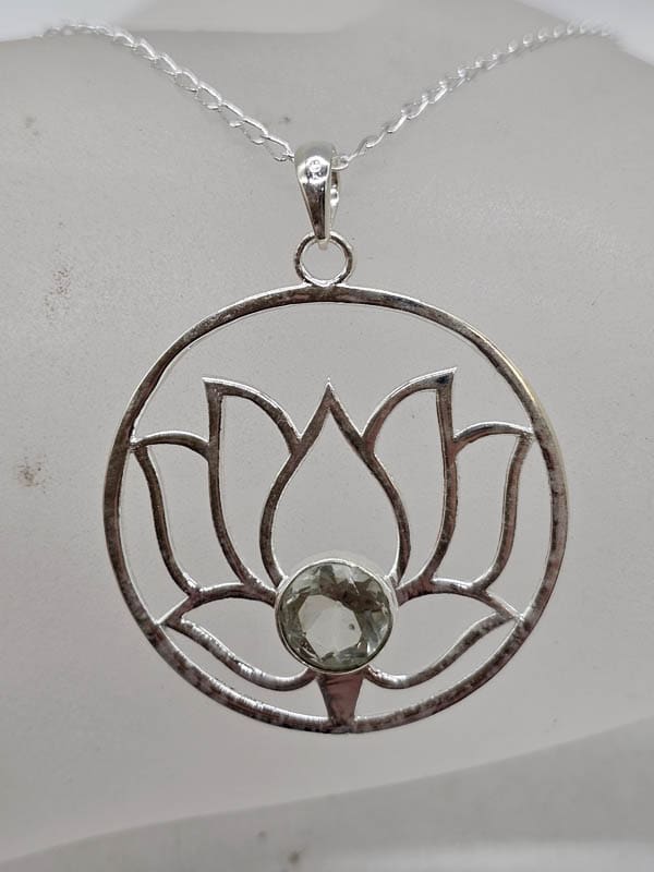 Sterling Silver Green Amethyst / Prasiolite Large Round Open Design Lotus Pendant on Silver Chain