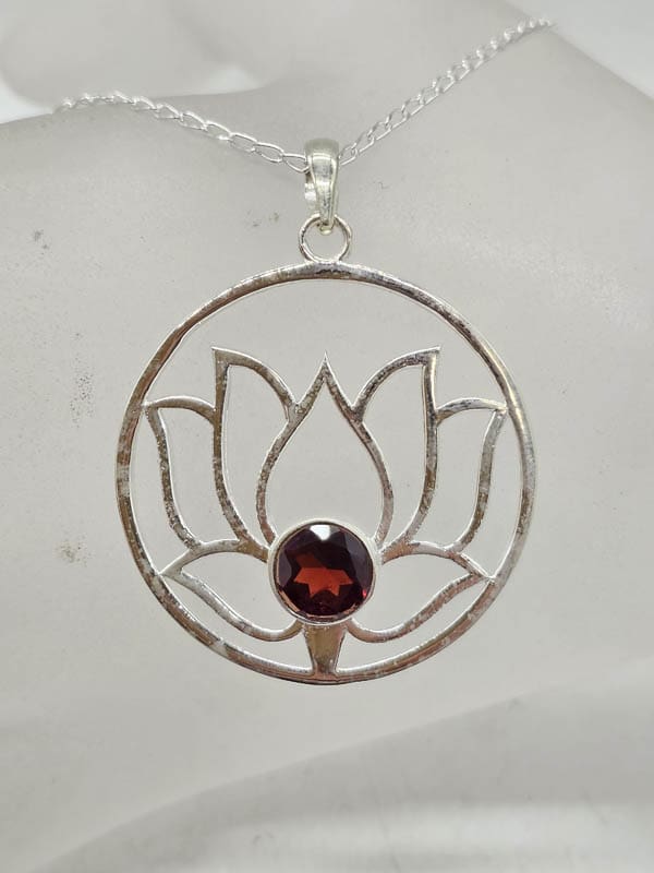 Sterling Silver Garnet Large Round Open Design Lotus Pendant on Silver Chain