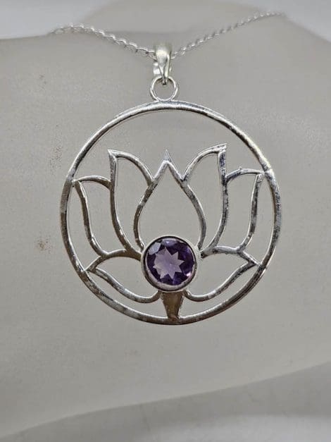 Sterling Silver Amethyst Large Round Open Design Lotus Pendant on Silver Chain