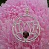 Sterling Silver Garnet Large Round Open Design Lotus Pendant on Silver Chain