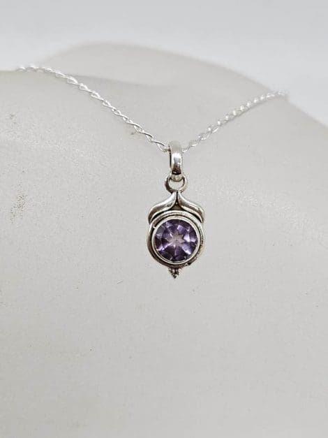 Sterling Silver Amethyst Dainty Round Pendant on Silver Chain