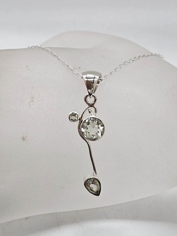 Sterling Silver Curved Green Amethyst / Prasiolite Pendant on Silver Chain