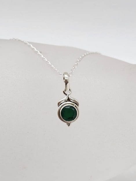 Sterling Silver Emerald Dainty Round Pendant on Silver Chain