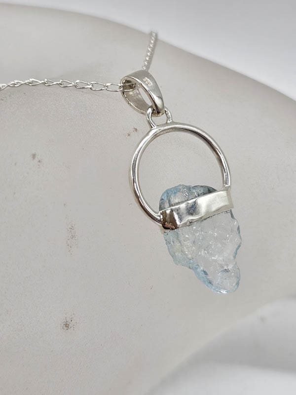 Sterling Silver Aquamarine Natural Free Form in Circle Pendant on Silver Chain