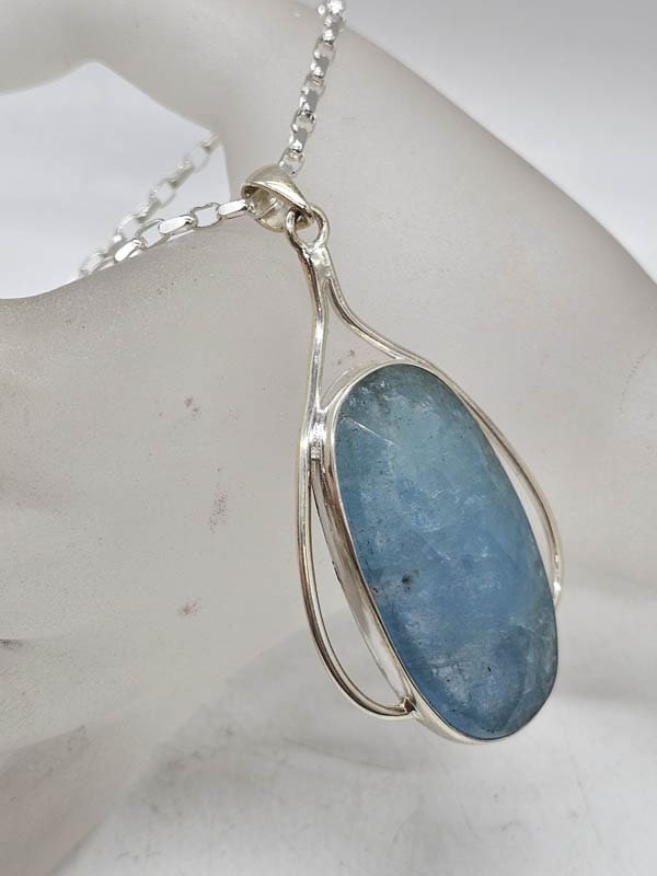 Sterling Silver Aquamarine Large and Long Oblong / Oval Faceted Pendant on Silver Chain