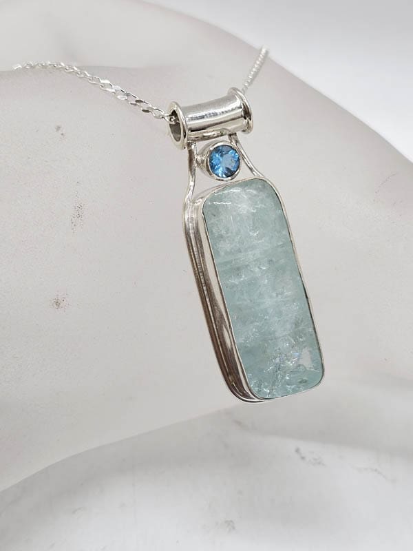Sterling Silver Aquamarine Long Oblong/Rectangular Cabochon Cut with Topaz Pendant on Silver Chain