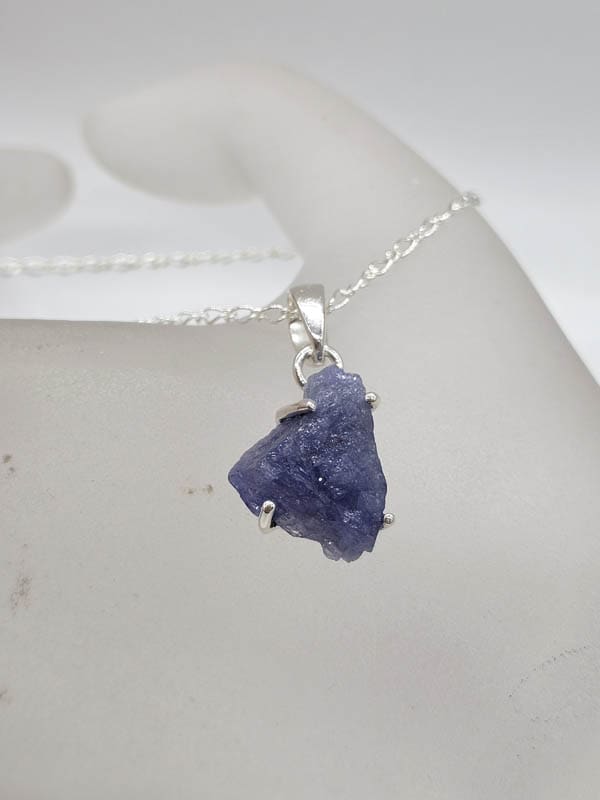 Sterling Silver Tanzanite Rough and Natural Free Form Shape Claw Set Pendant on Silver Chain