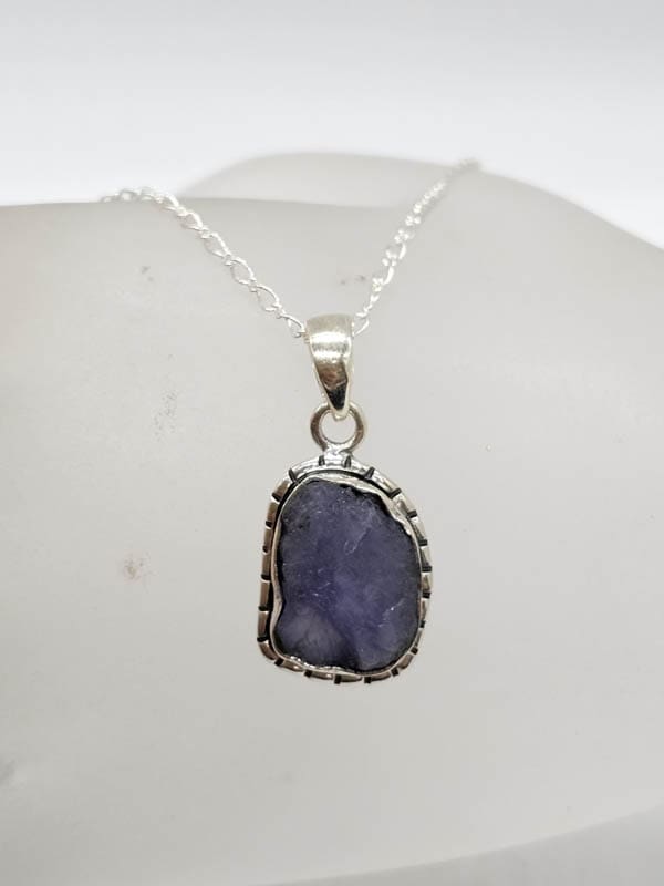 Sterling Silver Tanzanite Rough and Natural Free Form Shape Ornate Design Pendant on Silver Chain