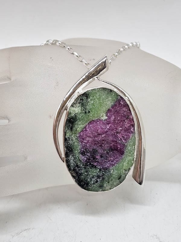 Sterling Silver Ruby Zoisite in Natural Form Large Oval Pendant on Silver Chain