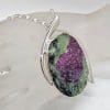 Sterling Silver Ruby Zoisite in Natural Form Large Oval Pendant on Silver Chain
