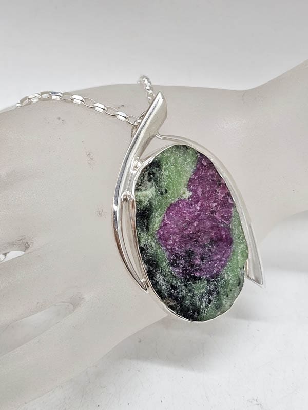 Sterling Silver Ruby Zoisite in Natural Form Large Oval Pendant on Silver Chain