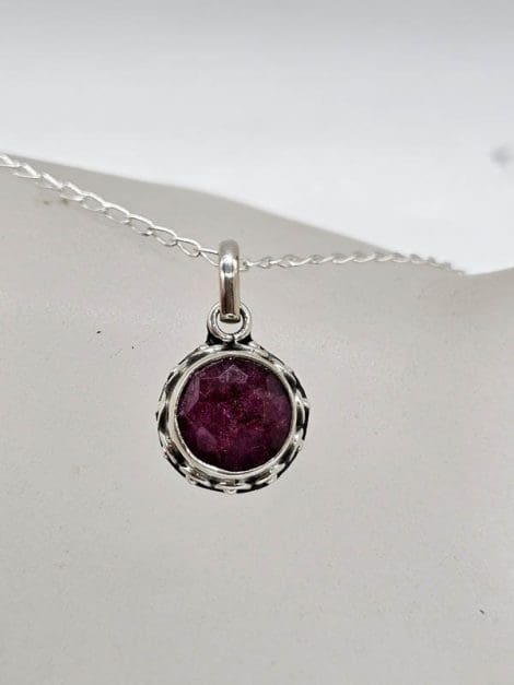 Sterling Silver Ruby Round Ornate Design Pendant on Silver Chain