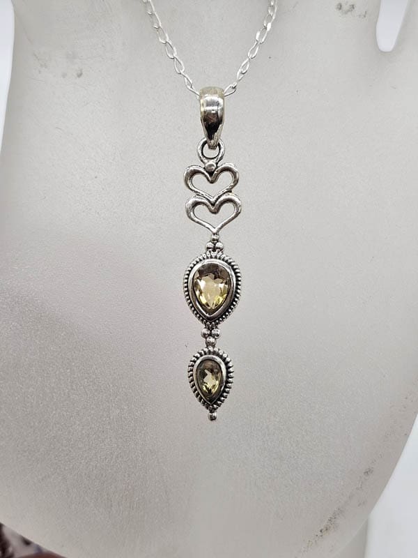 Sterling Silver Citrine Ornate Elongated Heart Drop Pendant on Silver Chain