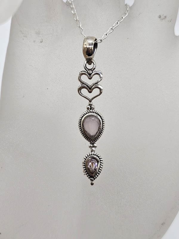 Sterling Silver Pink Opal Ornate Elongated Heart Drop Pendant on Silver Chain