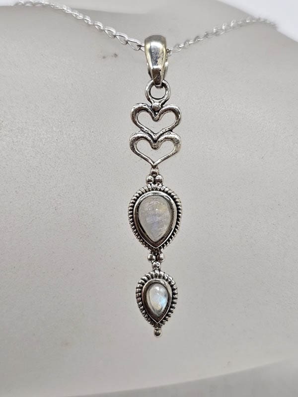 Sterling Silver Moonstone Ornate Elongated Heart Drop Pendant on Silver Chain