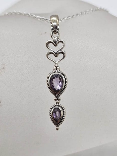 Sterling Silver Amethyst Ornate Elongated Heart Drop Pendant on Silver Chain