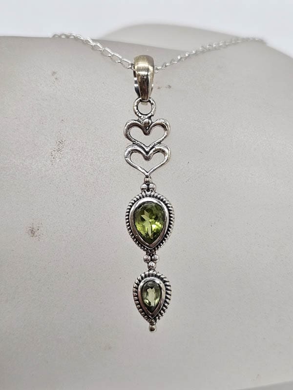 Sterling Silver Peridot Ornate Elongated Heart Drop Pendant on Silver Chain