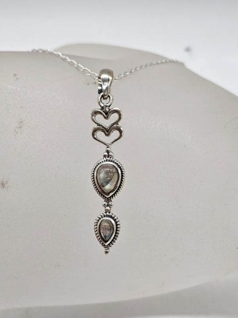 Sterling Silver Labradorite Ornate Elongated Heart Drop Pendant on Silver Chain