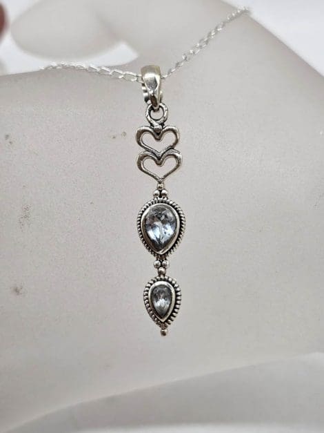 Sterling Silver Topaz Ornate Elongated Heart Drop Pendant on Silver Chain